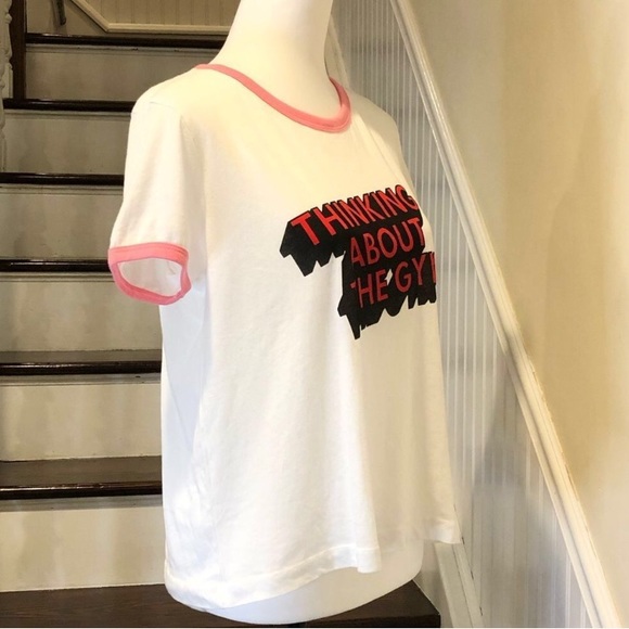 WILD FOX Pink Contrast Trim Thinking About Going To The Gym Slogan Tee Sz MD NWT - Picture 4 of 13